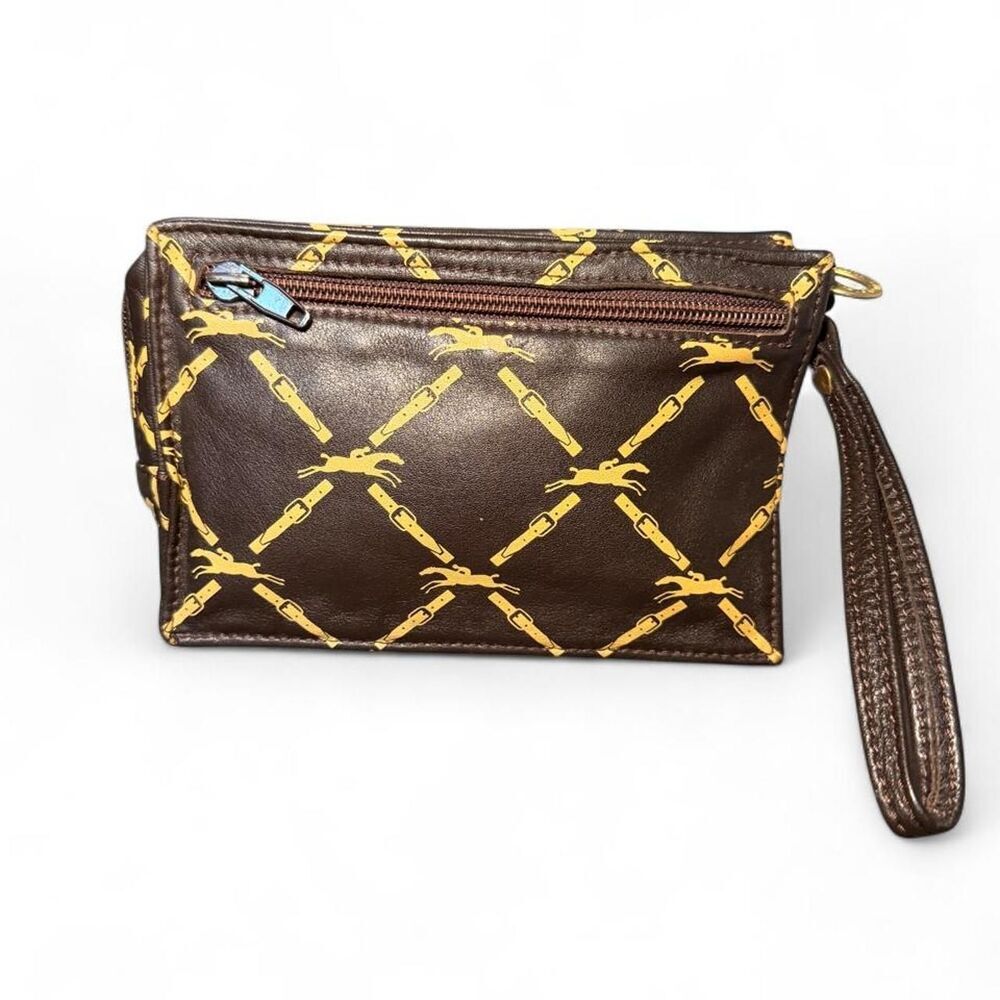 Vintage Longchamp Paris France Brown Leather Logo Print Wristlet Clutch Pouch